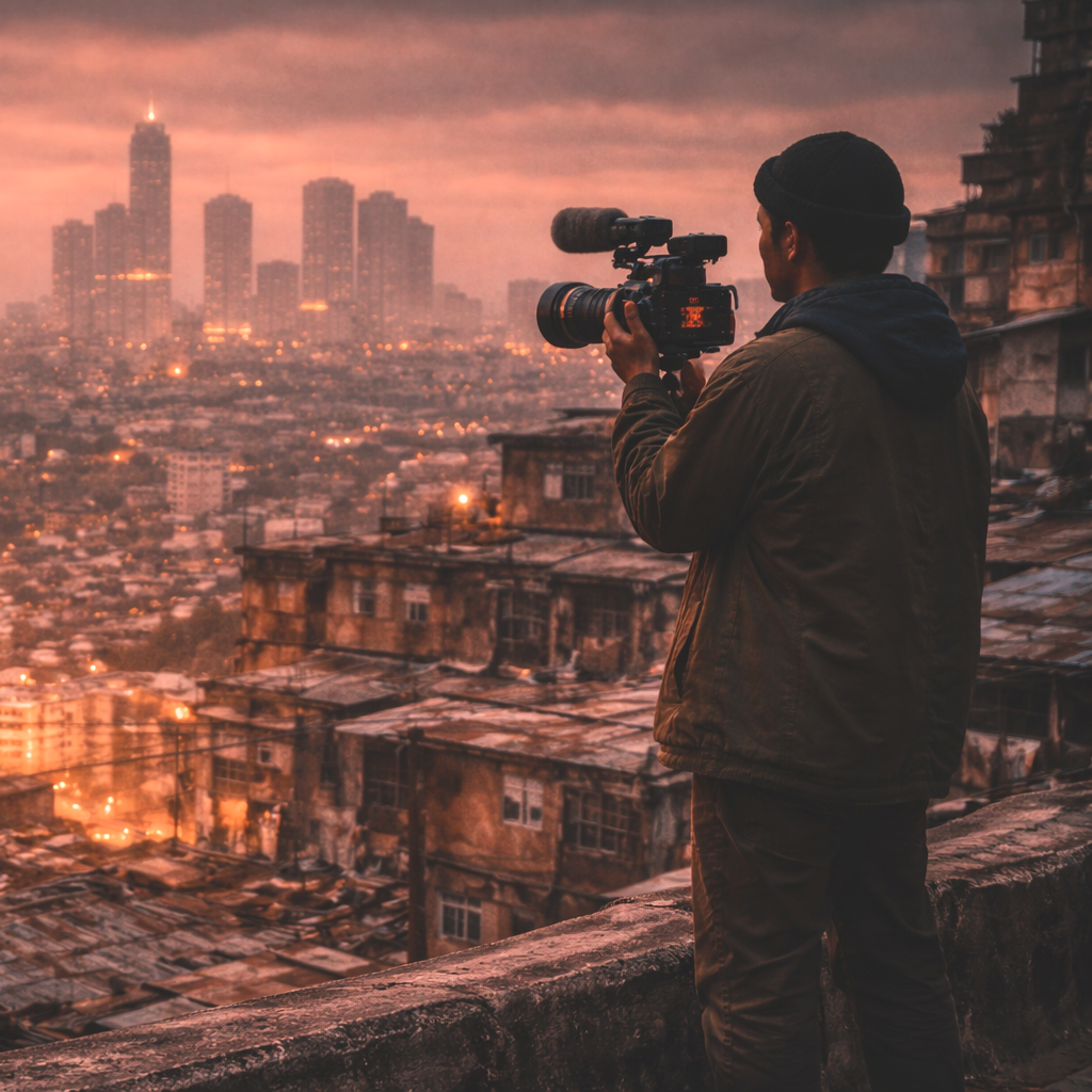 A man filming with a camera on a rooftop overlooking a cityscape at dusk with tall buildings and a pinkish-orange sky.