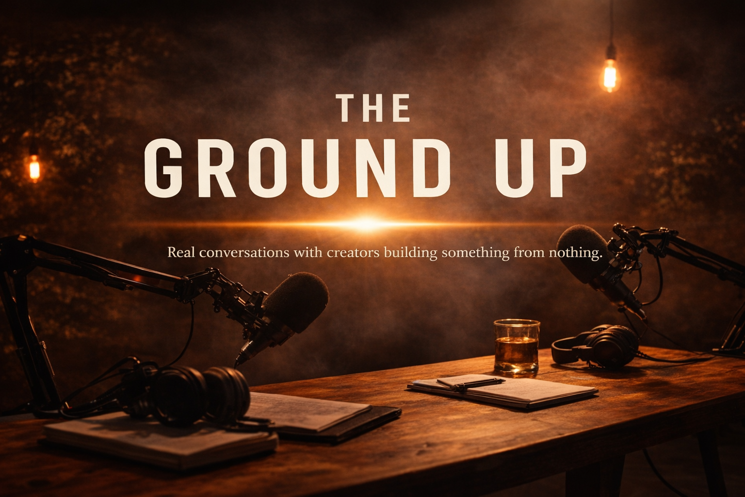 A radio studio setup with two microphones, headphones, notebooks, and a glass of water on a wooden table, with warm hanging lights in the background. Overlay text reads 'The Ground Up' and 'Real conversations with creators building something from nothing.'