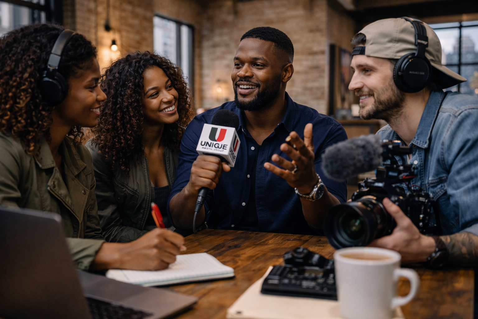 A group of four diverse people in a cafe interviewing a man who is holding a microphone with a "UNIQUE" logo. The man being interviewed is smiling and gesturing with his hand. Two people are wearing headphones and a camera operator is filming the interview. A laptop, a notebook, and a coffee mug are on the table.