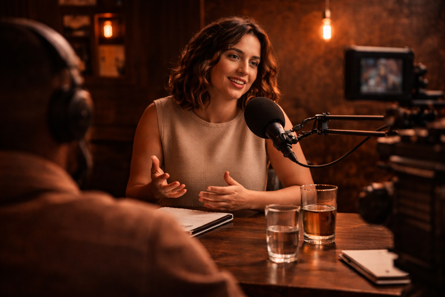 A woman with wavy brown hair, wearing a beige sleeveless top, speaking into a microphone during an interview or podcast recording in a dimly lit room with warm lighting.