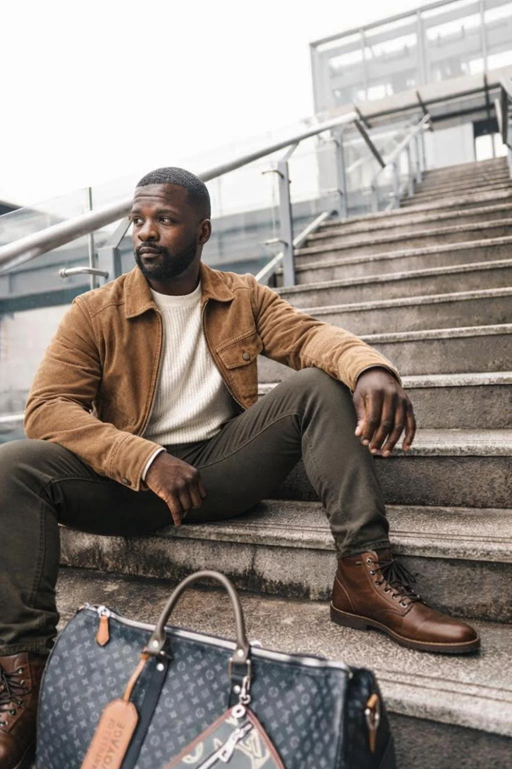 A man sitting on outdoor concrete stairs with a cityscape background, wearing a brown jacket, white sweater, dark pants, and brown boots, with a patterned handbag on the ground in front of him.