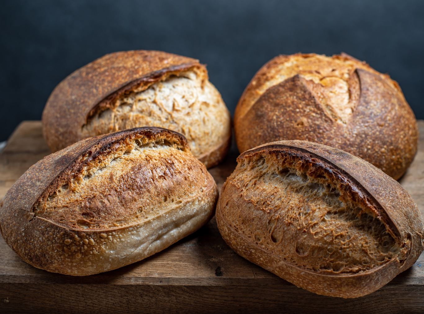Close-up of the crisp, blistered 'ear' of a Heritage Hearth Sourdough loaf, highlighting the traditional long-fermentation baking style.