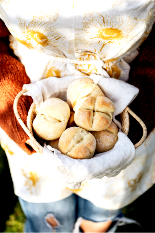 Person holding a basket of freshly baked bread rolls covered with a white cloth that has yellow flower patterns.