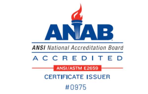 Logo of ANAB with a red torch and blue text, including certification, accreditation, and related information.