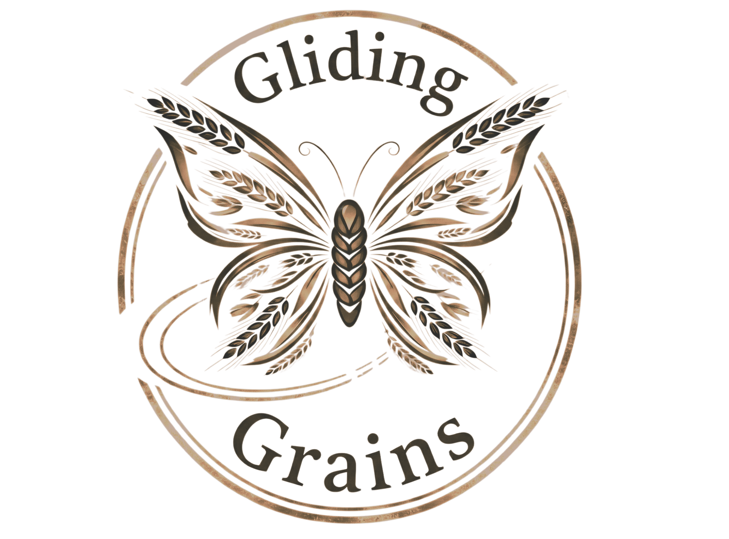 Design with a butterfly and wheat motifs, featuring the words 'Gilding' at the top and 'Grails' at the bottom, framed in a circle.