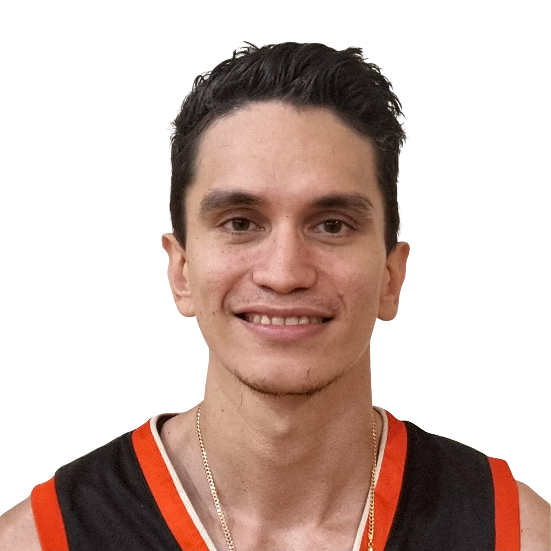 A young man with short dark hair, wearing a basketball jersey with red and white trim, smiling at the camera.