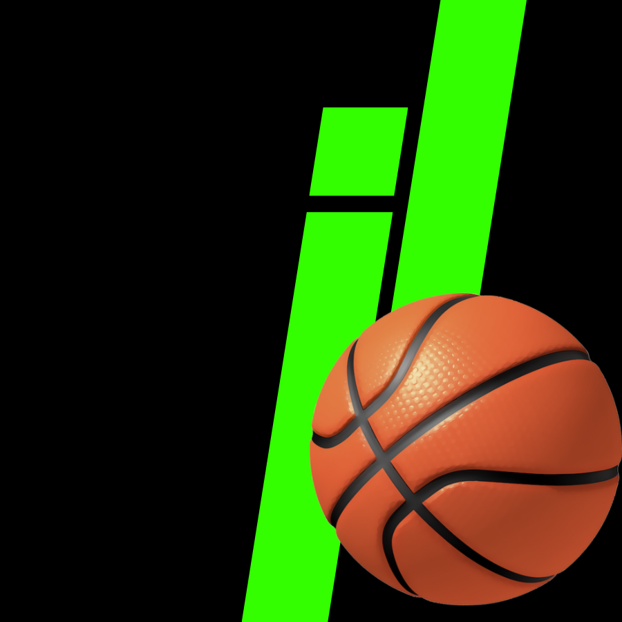 A basketball in front of a green upward trending bar graph on a black background.