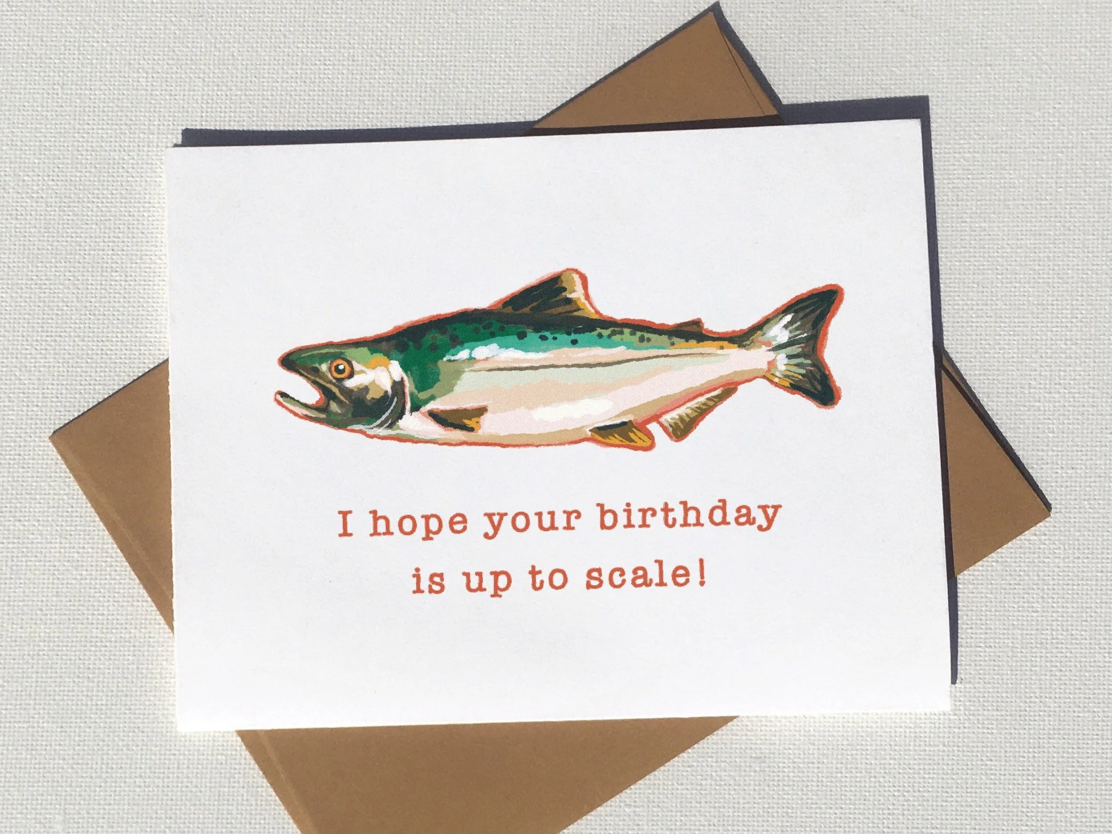 A birthday card with a fish illustration and the message, 'I hope your birthday is up to scale!'