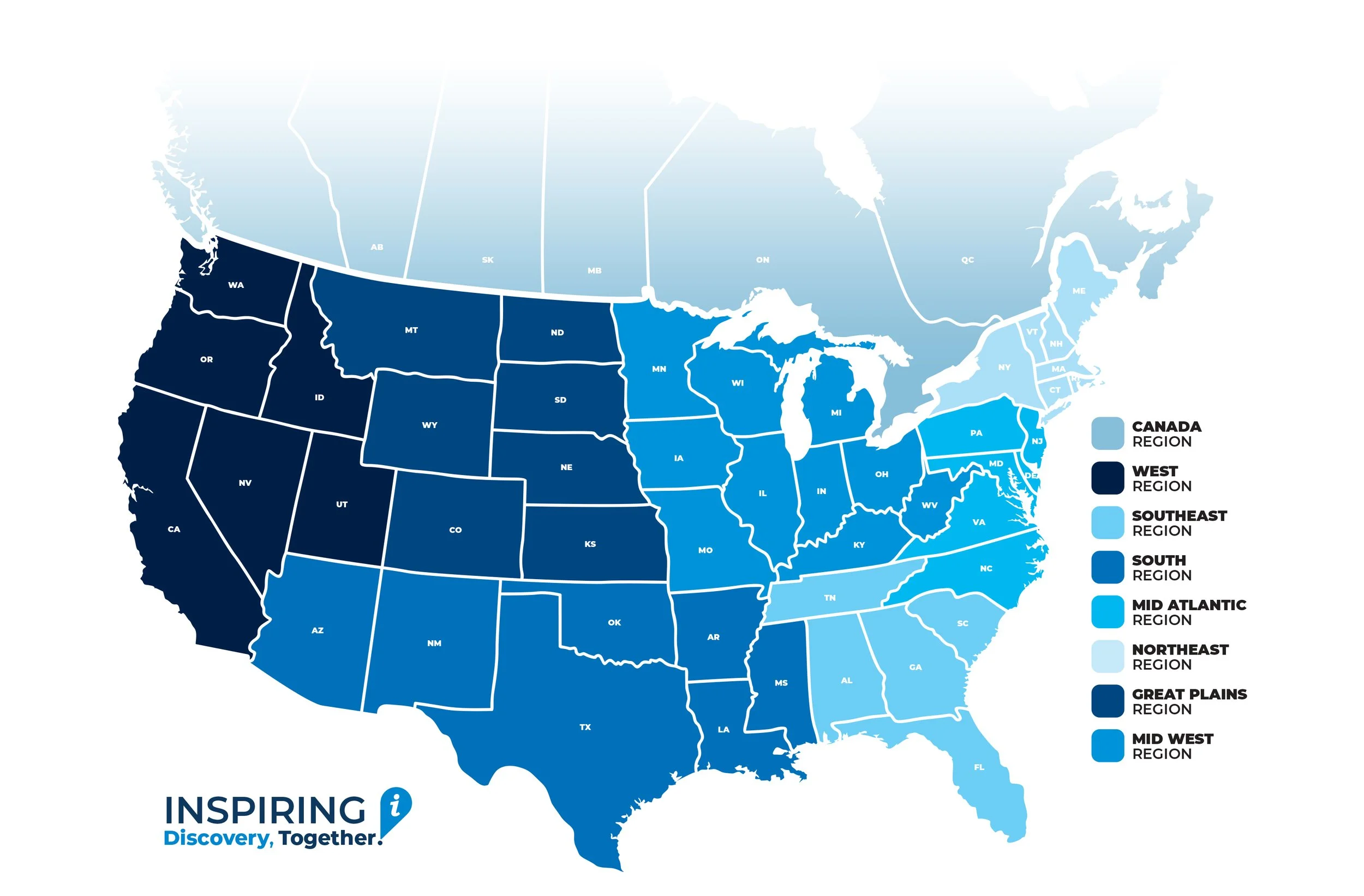 Map of the United States divided into regions with color coding. The regions are Canada, West, Southeast, South, Mid Atlantic, Northeast, Great Plains, and Mid West. Each region has its states highlighted according to the color key on the right. Includes a legend for the regions and a logo at the bottom left that says "Inspiring Discovery, Together!".