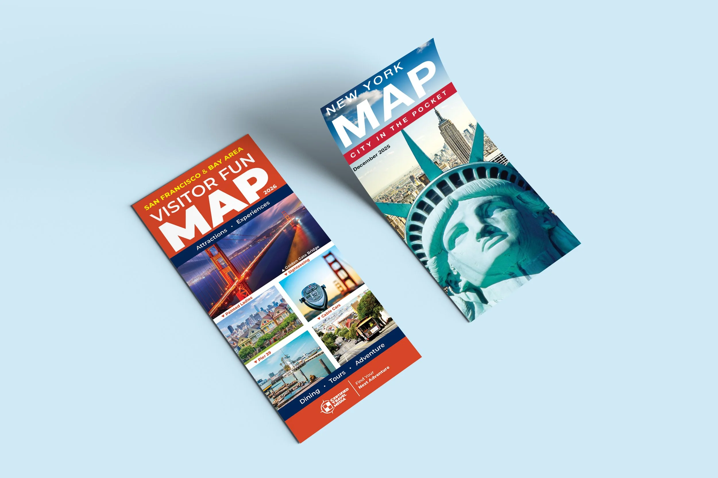 Two city maps, one for San Francisco and Bay Area and the other for New York City, lying on a light blue background. The San Francisco map features the Golden Gate Bridge and images of local attractions, while the New York map showcases the Statue of Liberty and the skyline.
