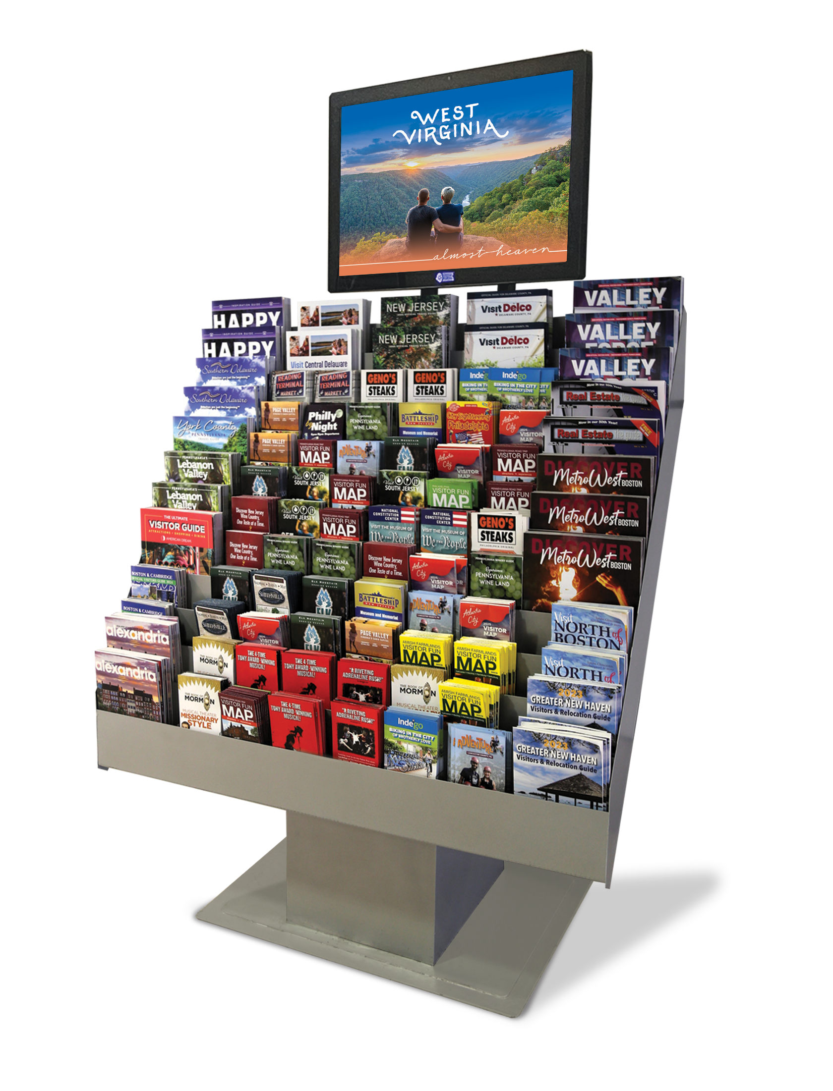 A display stand with tourism brochures and maps for the surrounding areas, topped with a digital screen showing scenic views and the text 'West Virginia, almost heaven'.