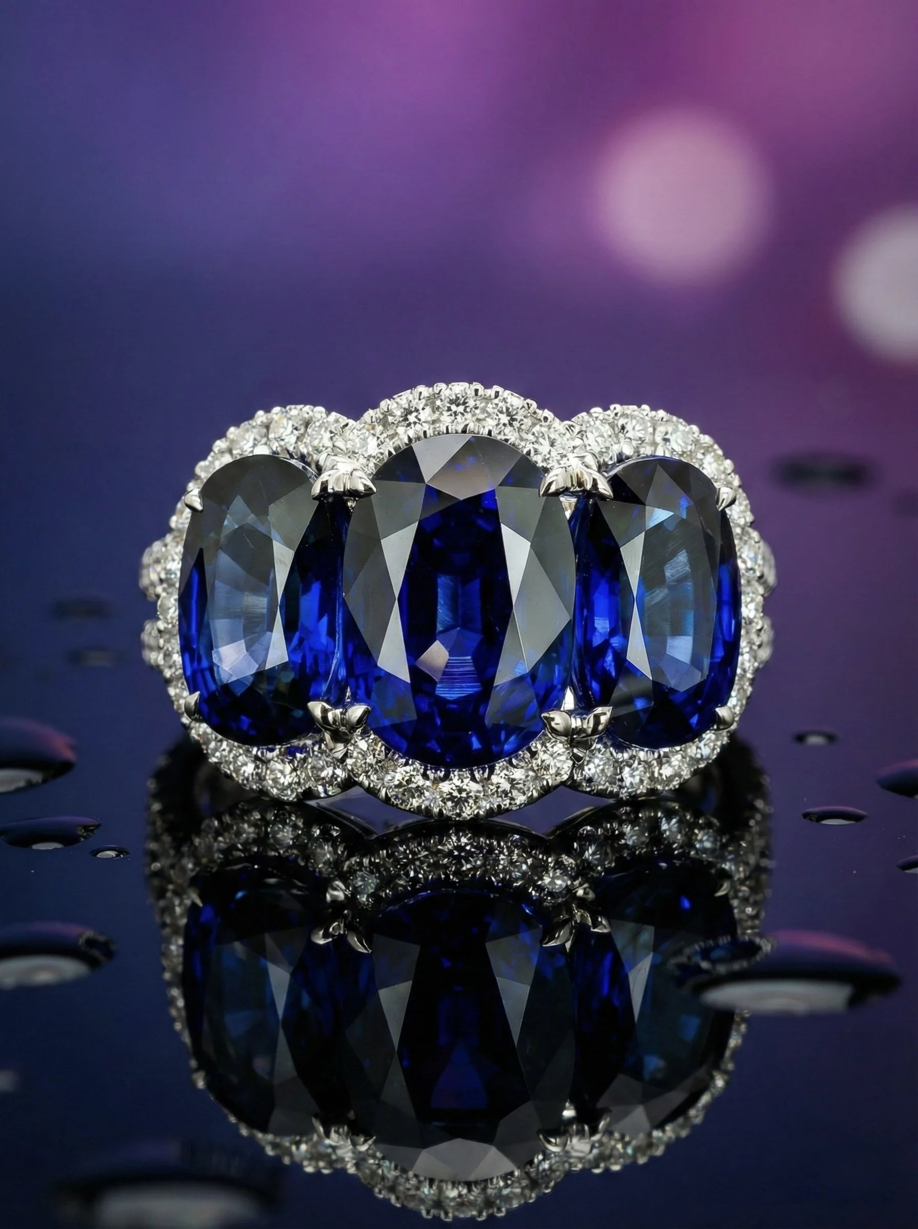 14.19ct 3-Stone Halo Royal Blue Sapphire Ring