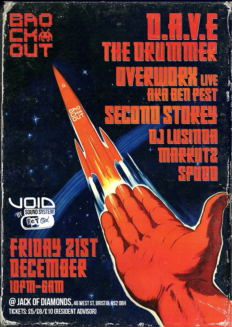A vintage concert poster featuring a cartoon hand with a rocket blasting off from it, set against a starry space background. Text includes event details and artist names.