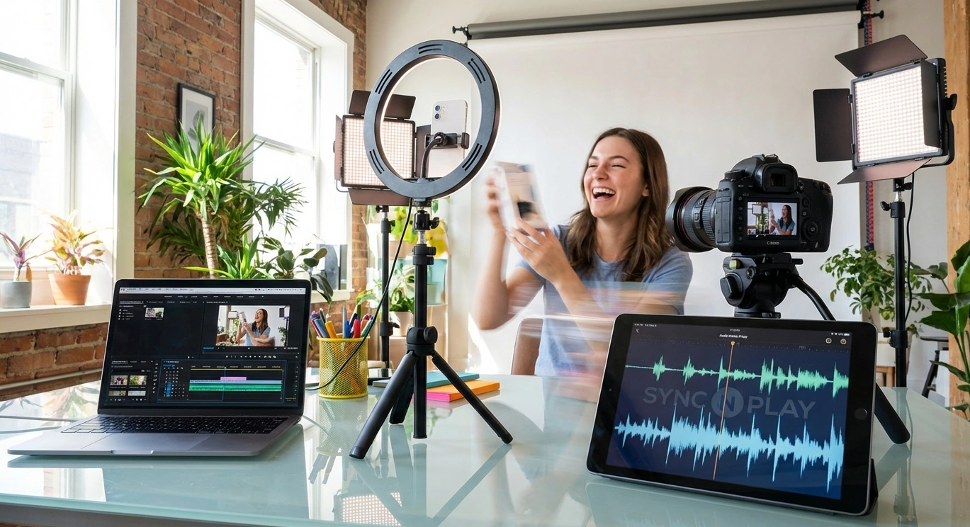 A woman recording a video or podcast in a studio with professional lighting, camera, ring light, laptop, and tablet, surrounded by plants and brick walls.