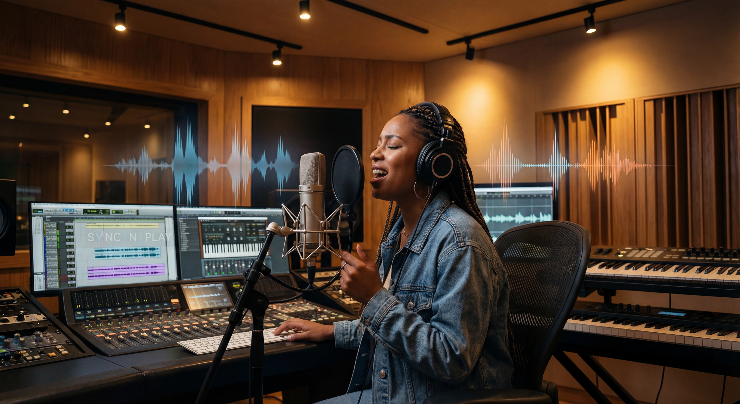 A woman singing in a professional recording studio with sound equipment and sound waves visualized on monitors.
