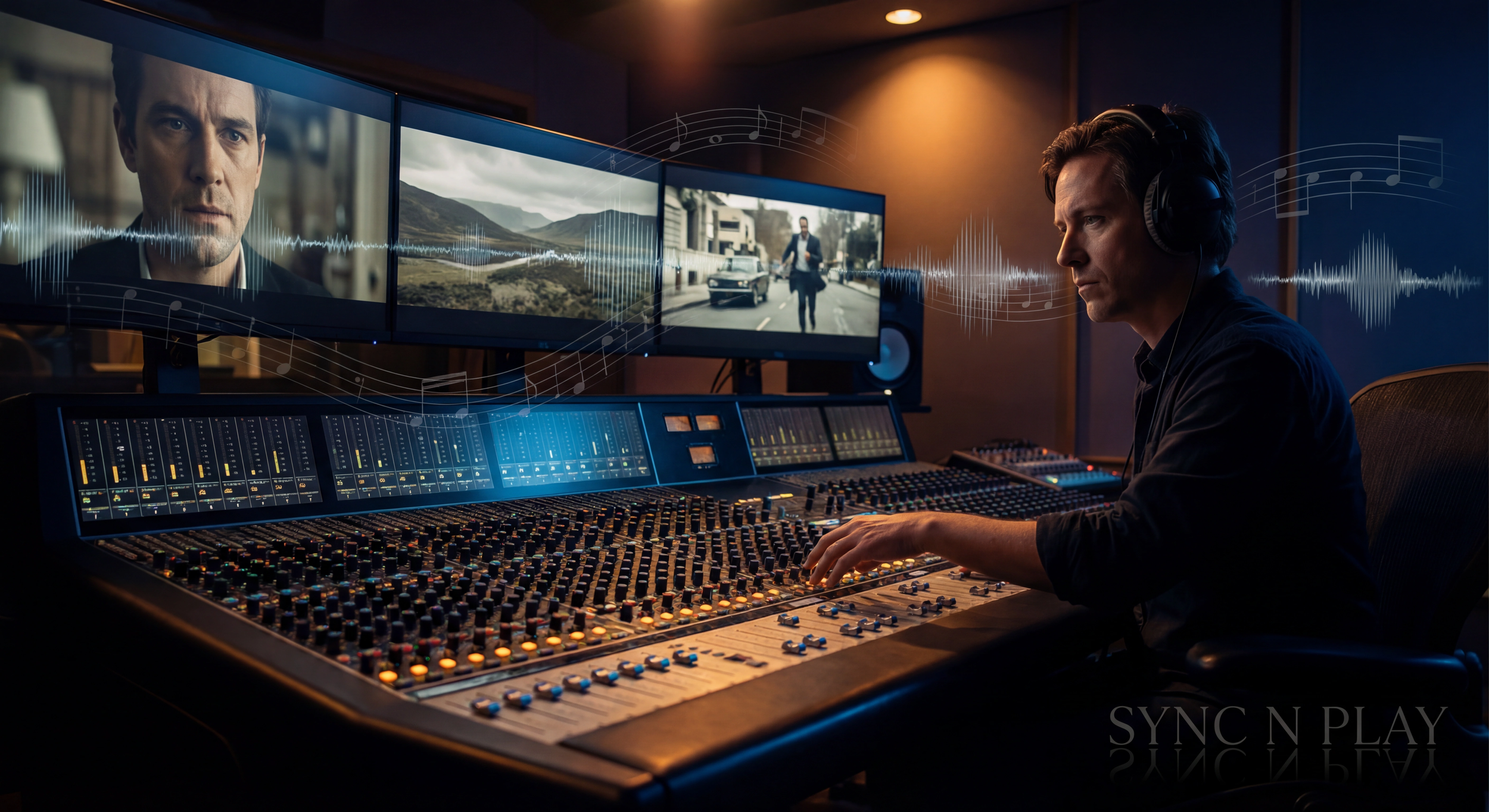 A sound engineer working in a recording studio, adjusting audio mixing controls on a large mixing console with three computer monitors displaying video footage and audio waveforms.