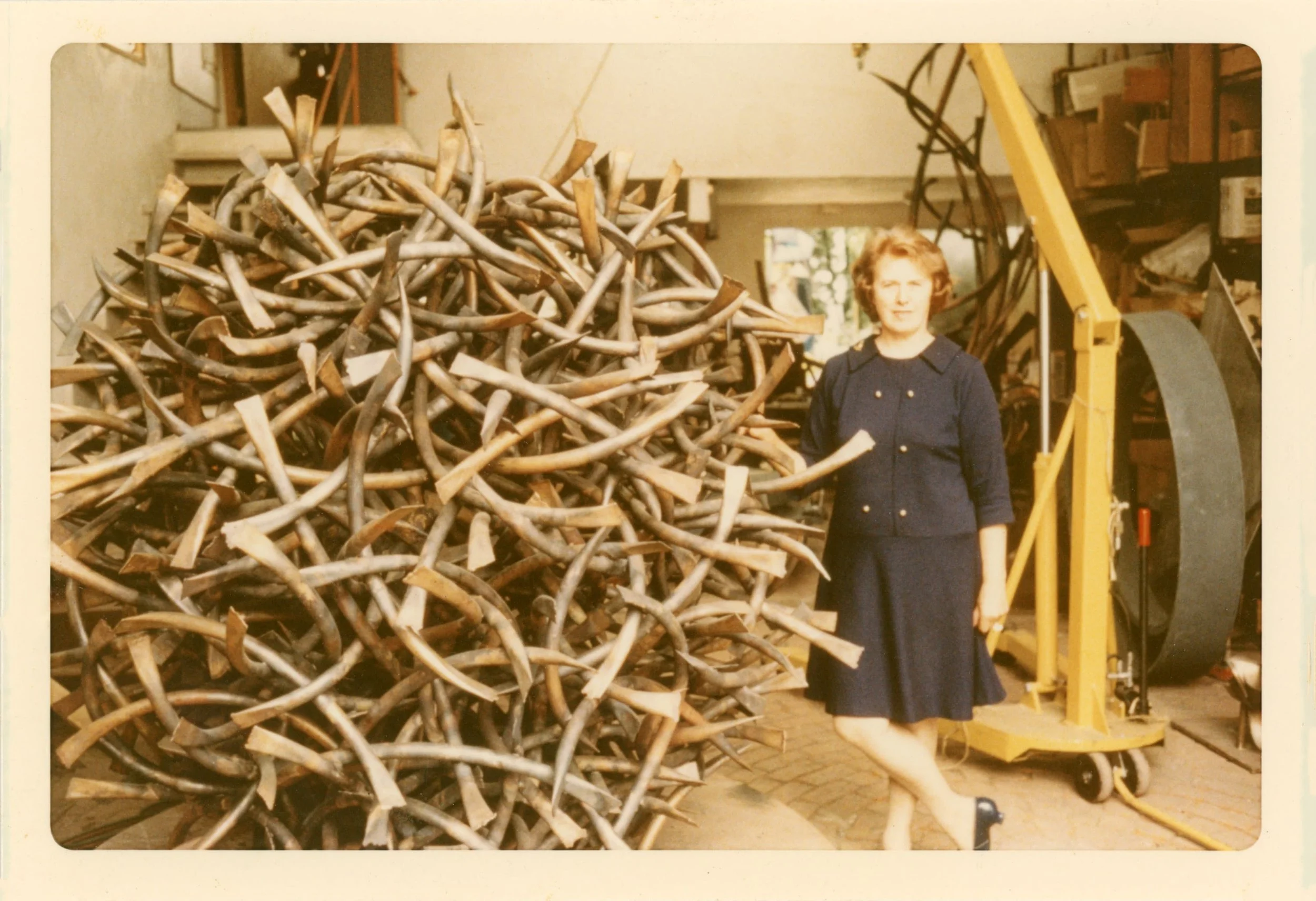 Claire Falkenstein with  Point as a Set #25  in her studio in Venice, California, 1970