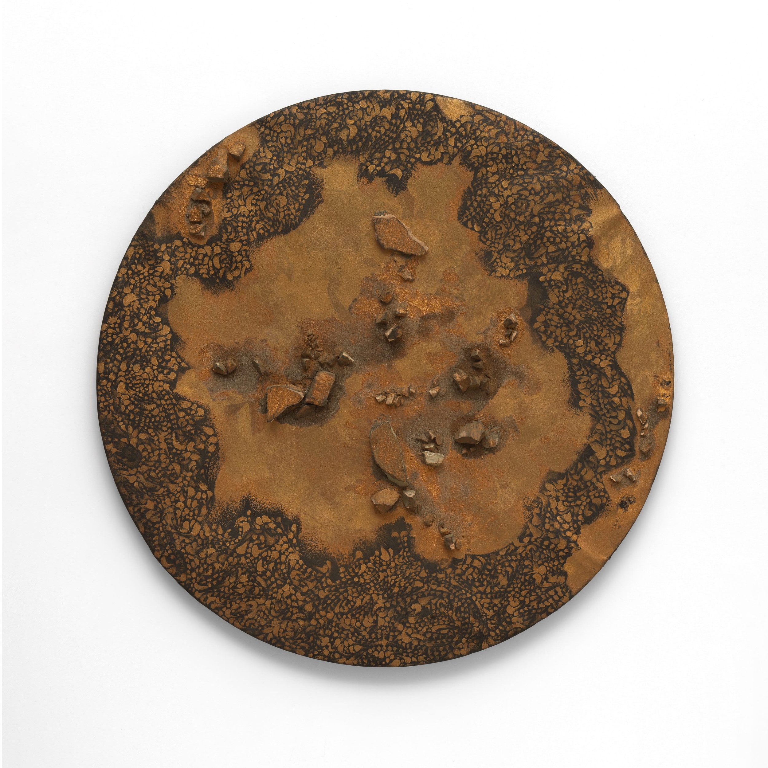  Lunar Plain , 1963 . Acrylic, oil, gold leaf, rock and sand on canvas, 9 1/2 × 39 1/2 × 2 3/4 in. (100.3 × 100.3 × 7 cm) 