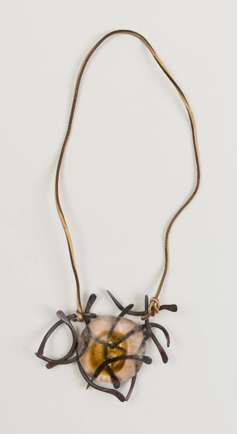 Necklace , c. 1965 . Glass, bent, flattened, and welded copper wire, and leather, 15 7/16 × 4 15/16 × 1 3/16 in. (39.2 × 12.5 × 3 cm). The Susan Grant Lewin Collection, Cooper Hewitt, Smithsonian Design Museum, 2016-34-28 
