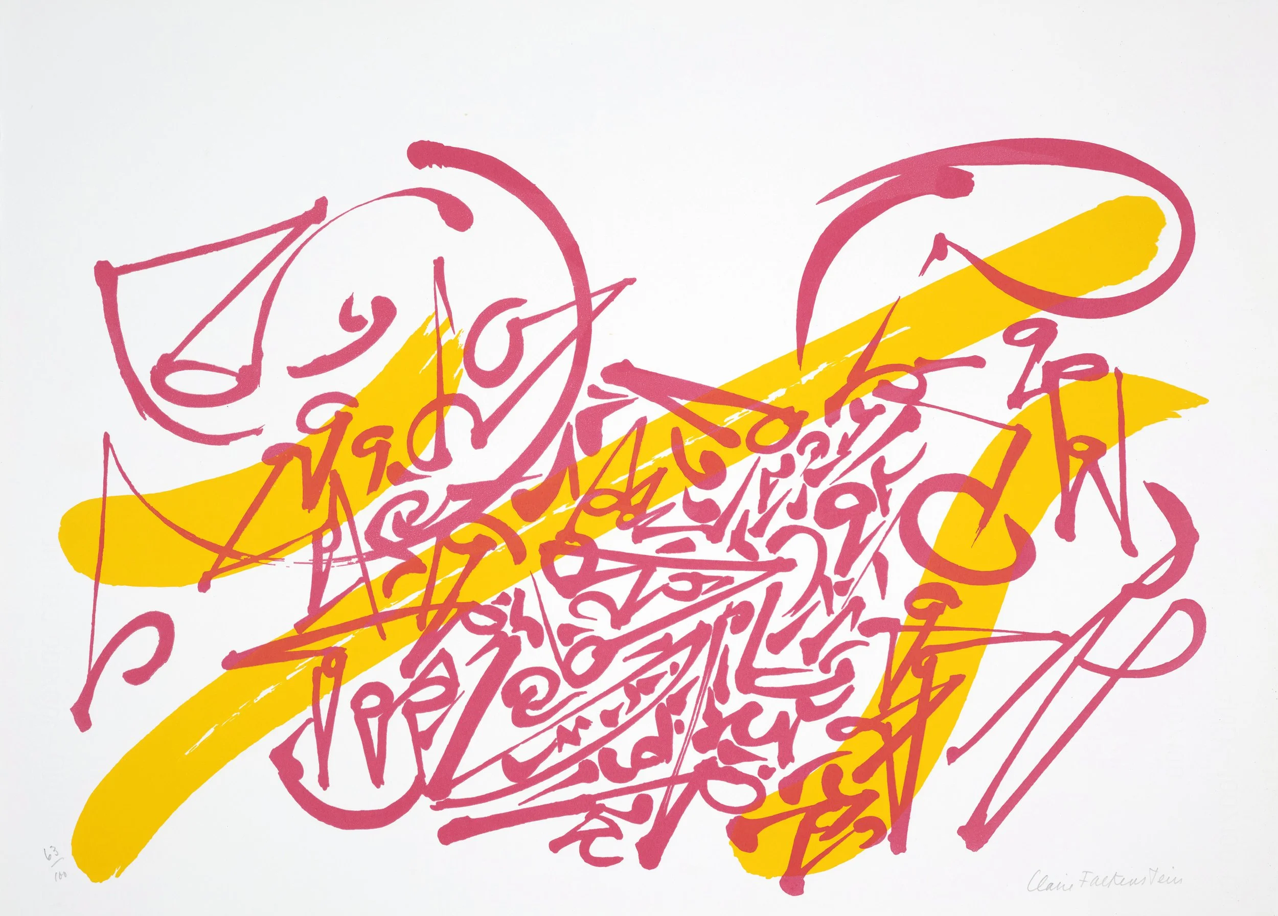 Abstract artwork with pink cursive lines over yellow brushstrokes on a white background.