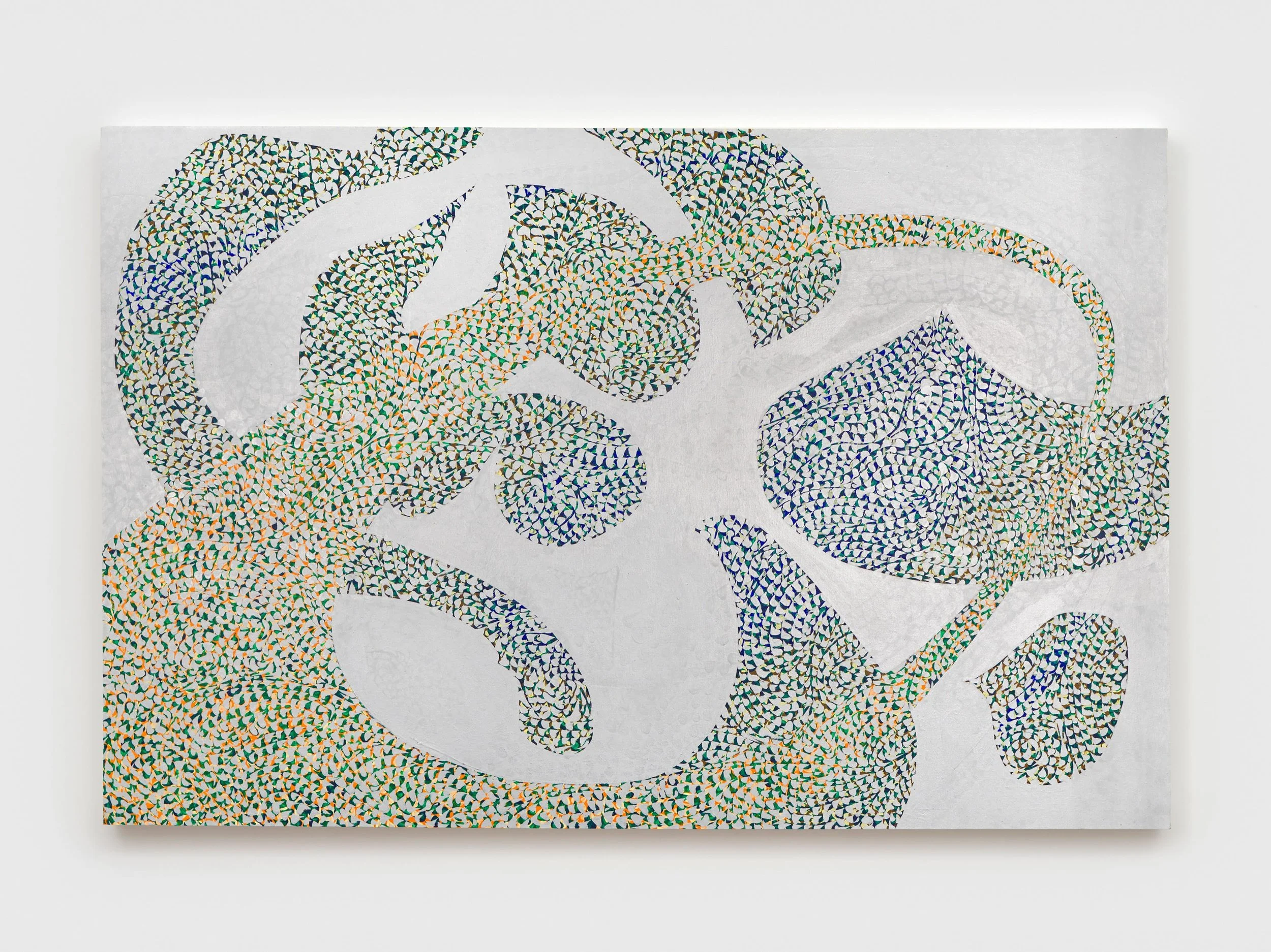  Macrocosm-Microcosm of the Free Fall , 1969 . Acrylic, oil, and metallic paint on canvas, 47 × 71 1/2 in. (119.4 × 181.6 cm) 