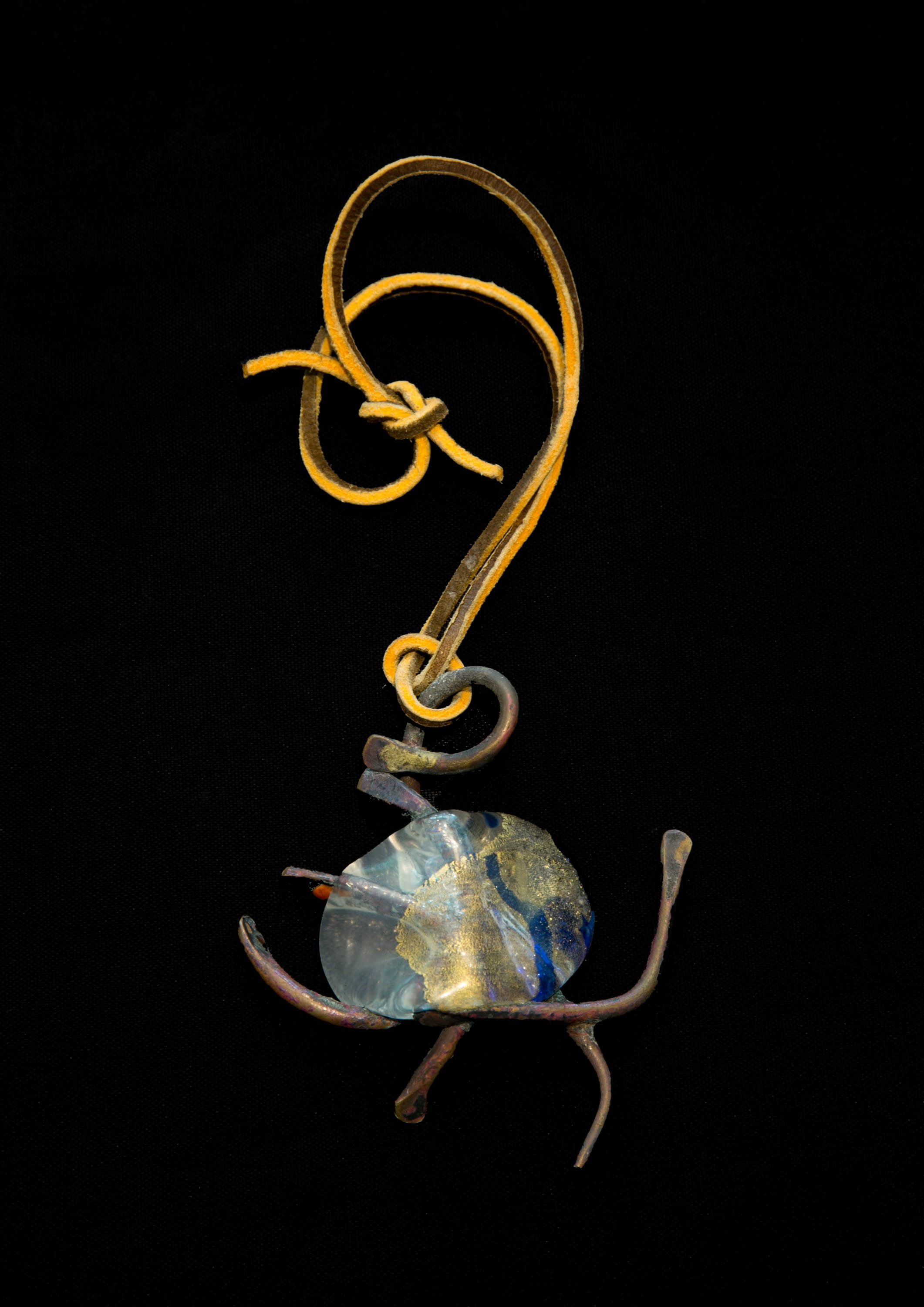  Copper and Glass Necklace , c. 1960s . Copper, fused glass, and leather strap, 3 3/4 × 3 5/8 in. (9.5 × 9.2 cm). Private collection 