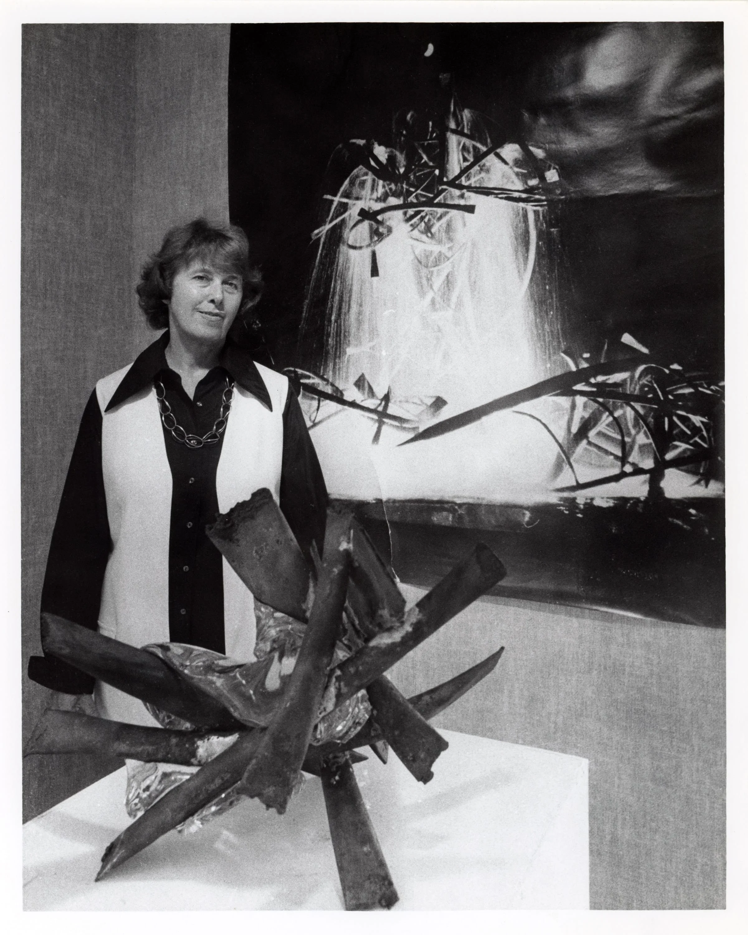 Claire Falkenstein at the exhibition  Claire Falkenstein: Measurable Only in Probabilities , Arts Council Cultural Center, Thousand Oaks, California, 1975. Photo from the collection of Lani Martin