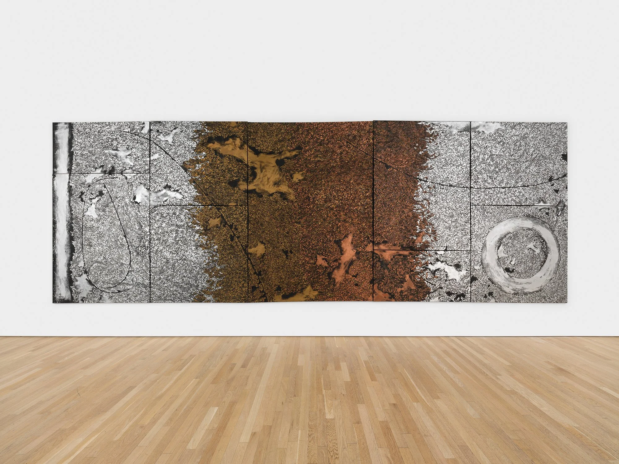  Orbiting the Earth , 1963 . Oil and metallic paint on canvas, 84 × 238 1/2 in. (213.4 × 605.8 cm) 