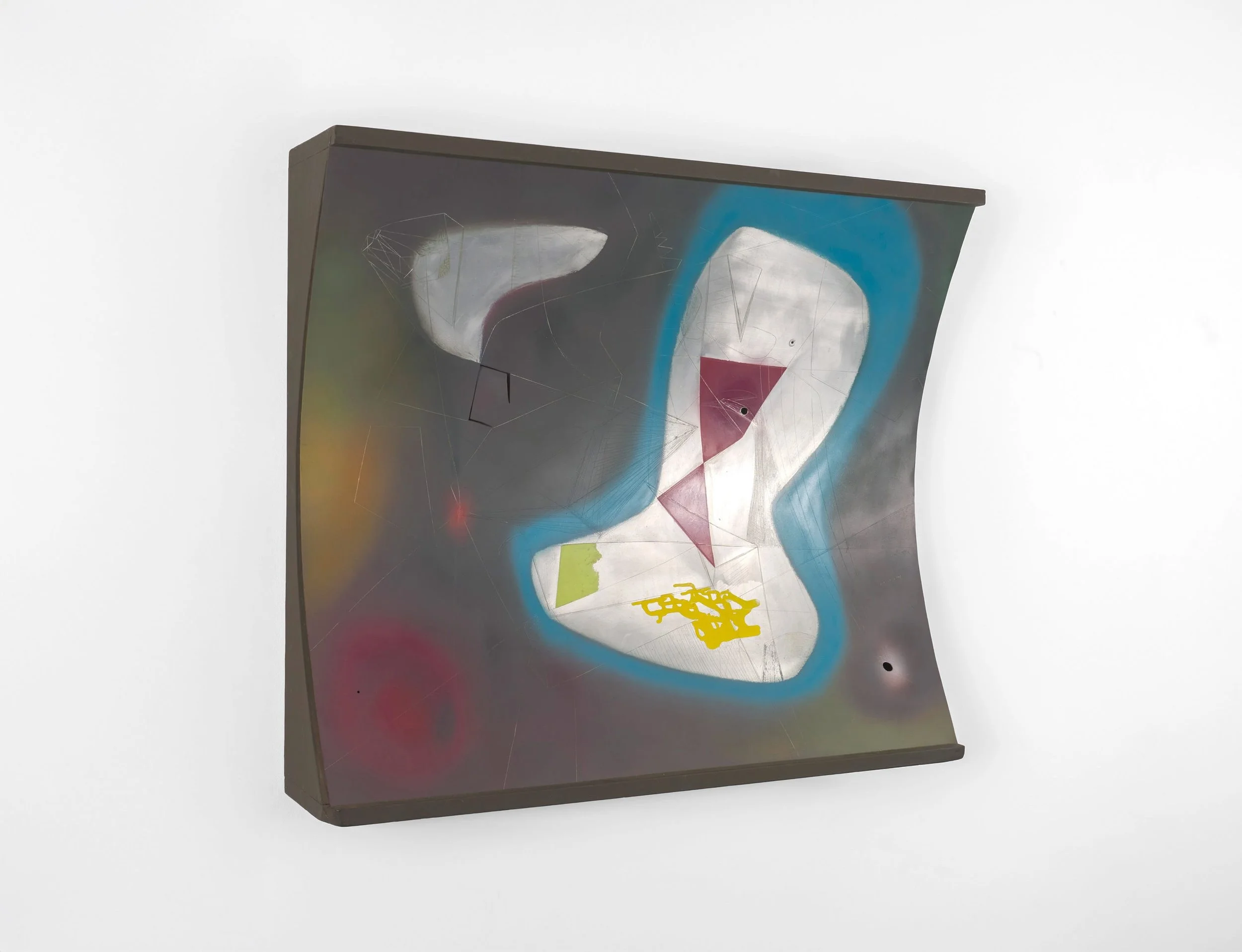  Shapes in Transition , 1948 . Painted, cut and incised aluminum with curved wood frame, 29 1/2 × 34 × 7 1/2 in. (74.9 × 86.4 × 19.1 cm) 