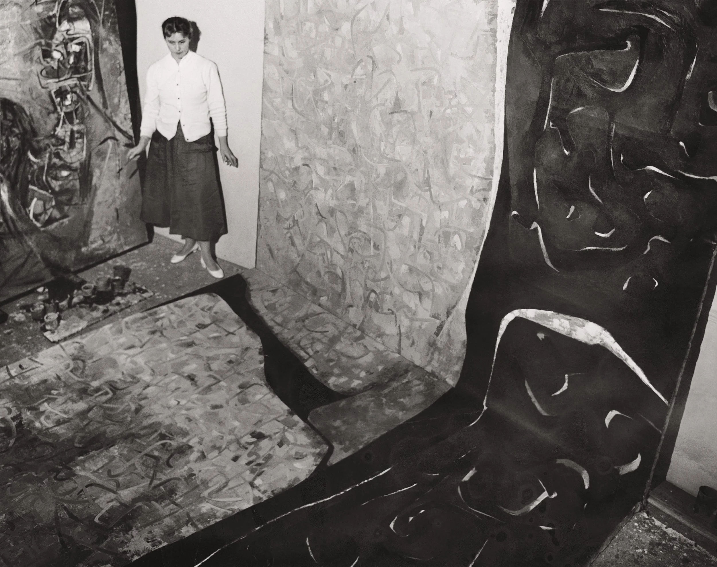 Claire Falkenstein with  Mural (Coast to Coast)  for the Donal and Helen Olsen House, outside of her studio in Paris, France, 1956