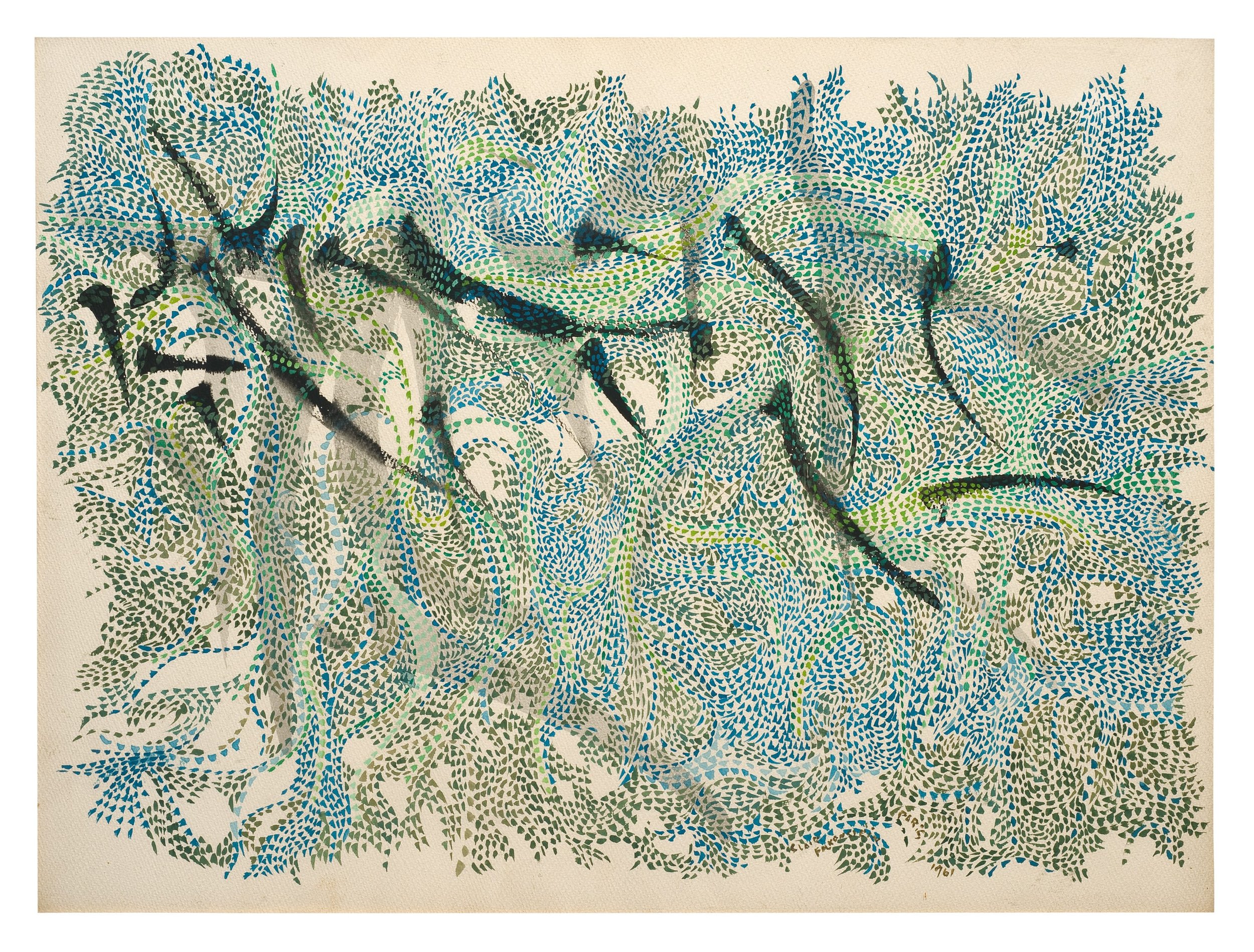  The Sign , 1961 . Gouache and watercolor on paper, 17 3/4 × 23 3/4 in. (45.1 × 60.3 cm) 