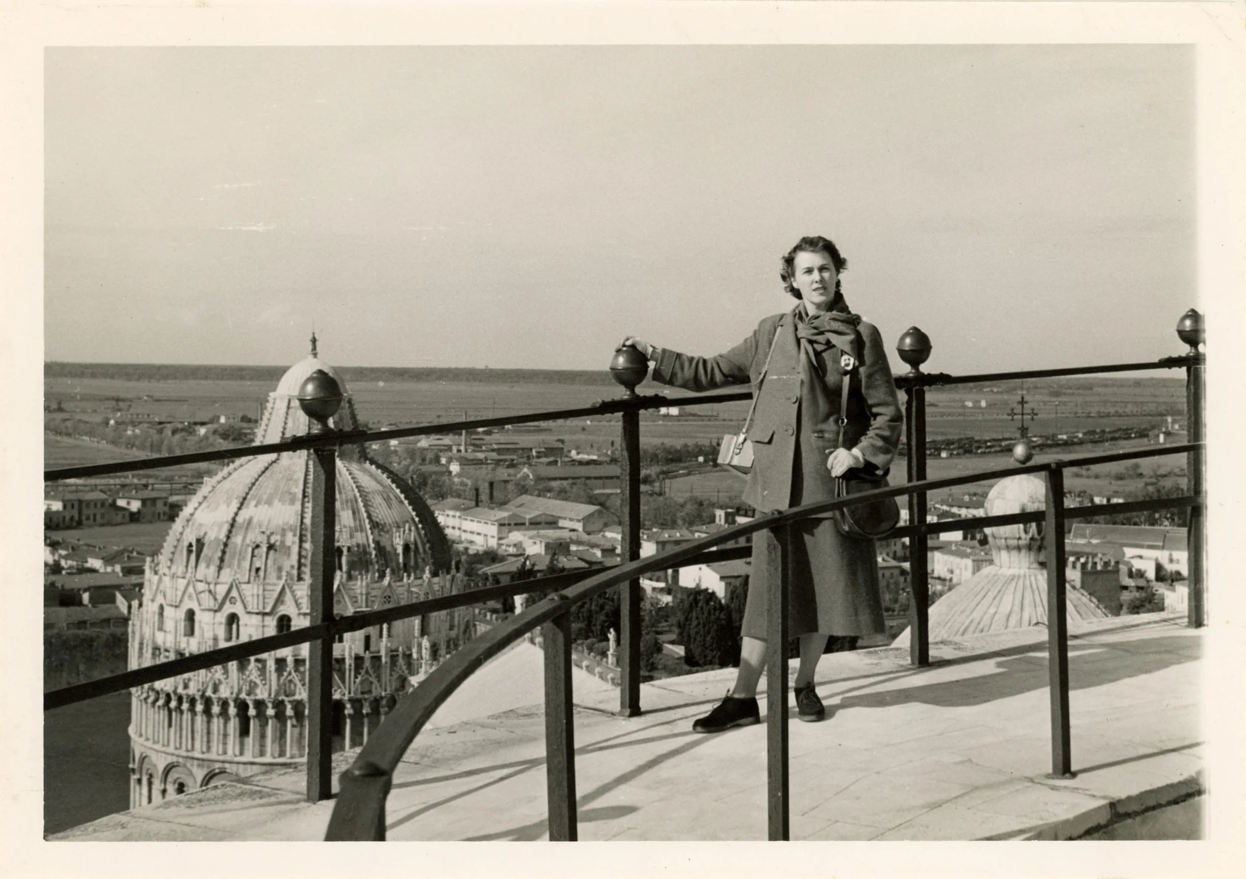 Claire Falkenstein on top of the Tower of Pisa, Italy, 1950
