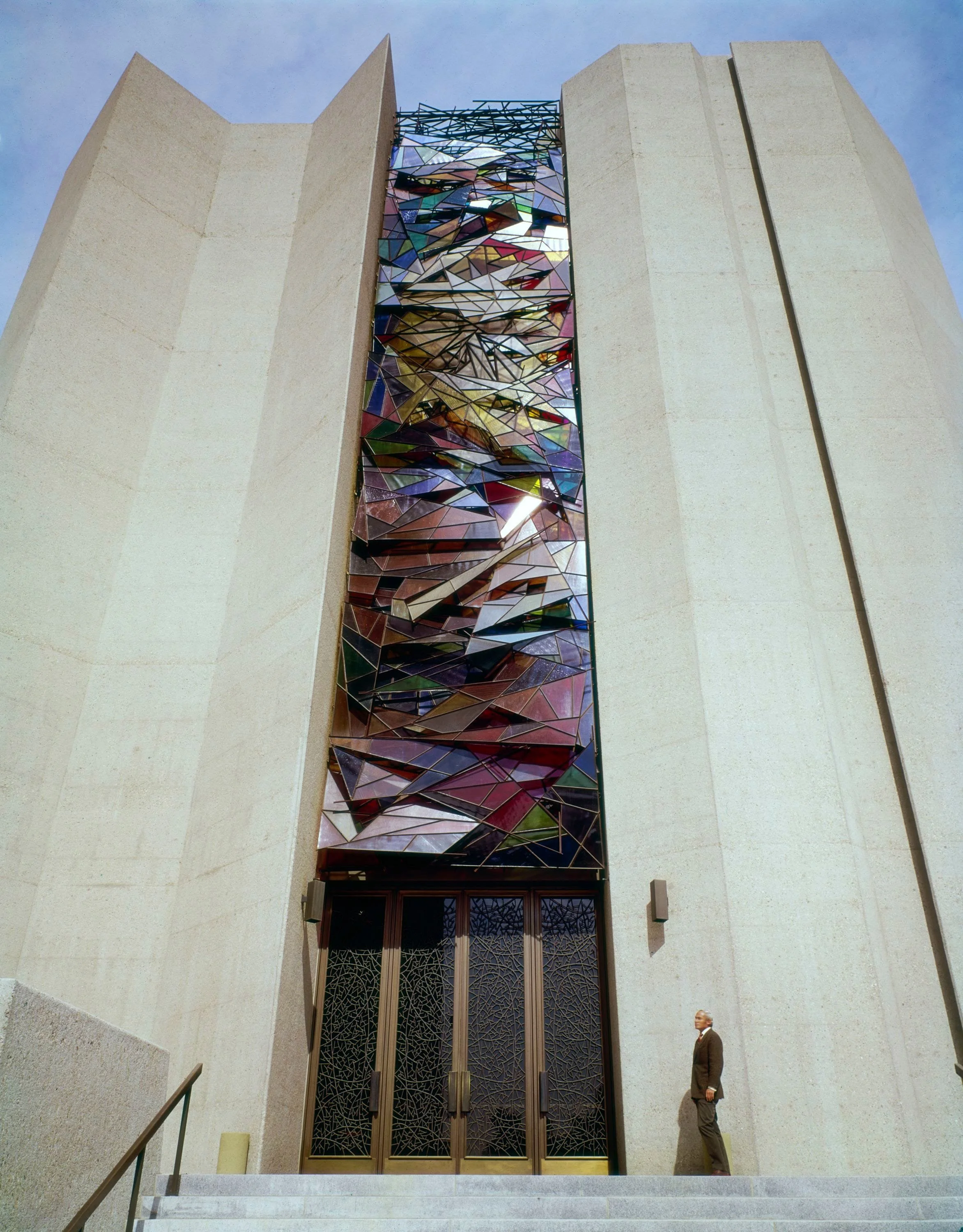 Julius Shulman, Exterior of St. Basil Catholic Church featuring Claire Falkenstein's stained-glass windows and doors, Los Angeles, California, 1969. © J. Paul Getty Trust. Getty Research Institute, Los Angeles (2004.R.10)