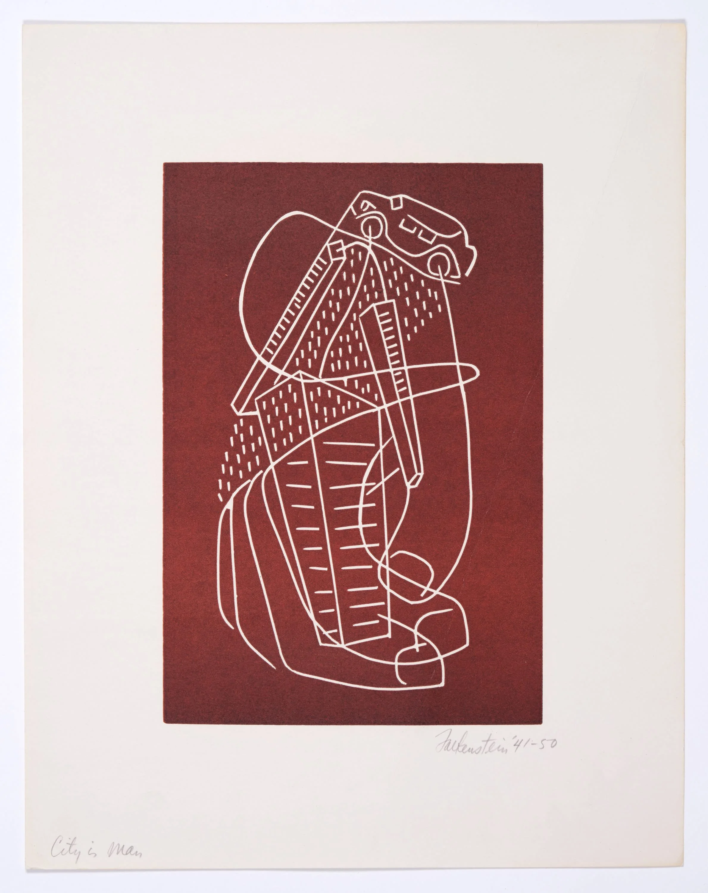  City & Man , 1941–50 . Linoleum cut, 14 × 11 in. (35.6 × 27.9 cm). Photo by Elon Schoenholz Photography 