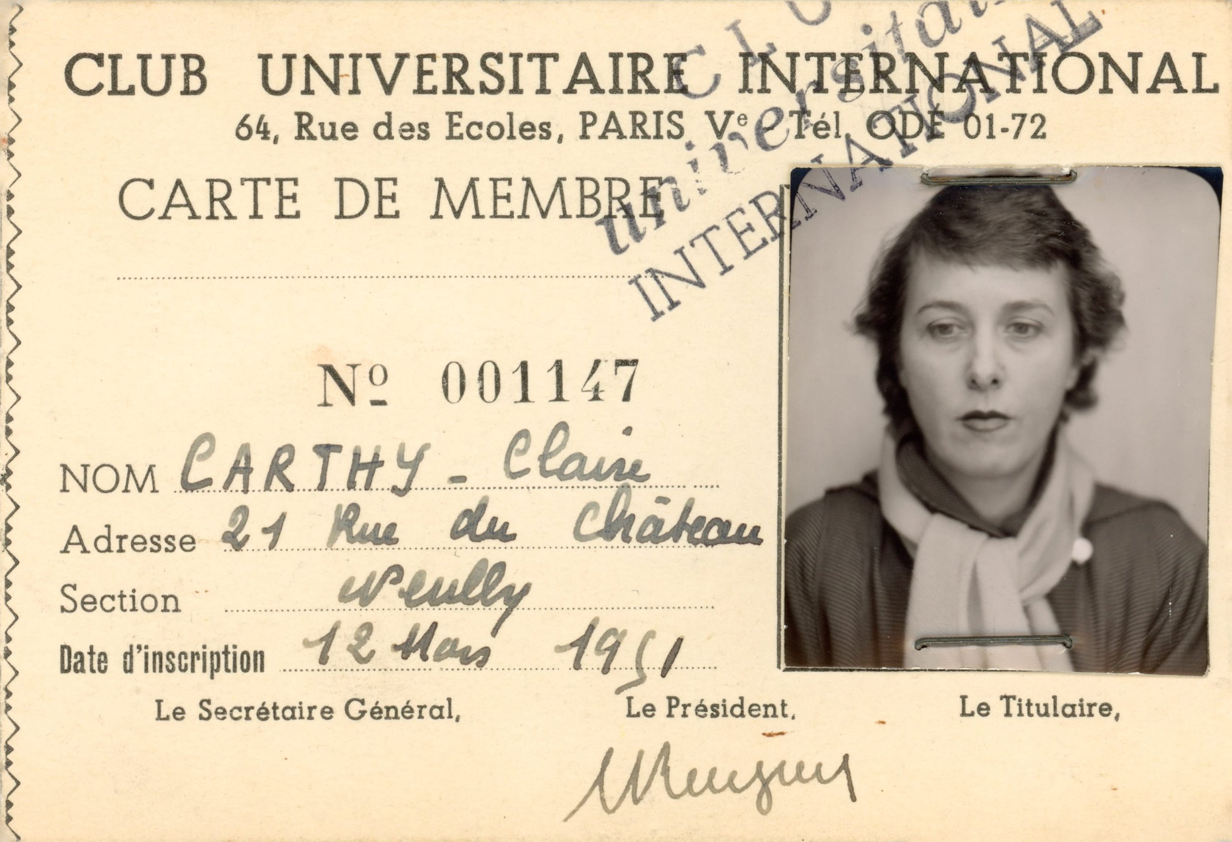 Claire Falkenstein's membership card for the  Club Universitaire International (CUI), Paris, France, 1961