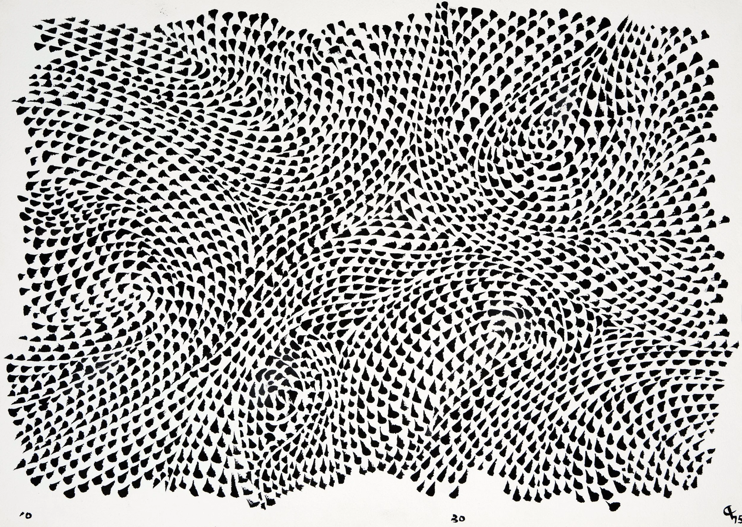 Abstract black and white pattern with numerous small black shapes arranged in a flowing, wave-like design.