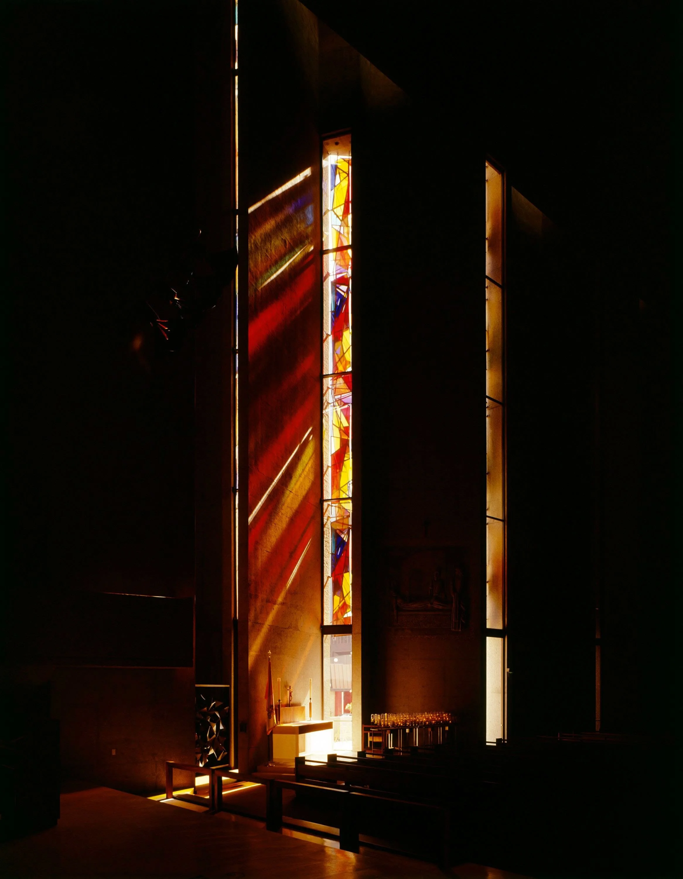 Julius Shulman, Interior of St. Basil Catholic Church featuring Claire Falkenstein's stained-glass windows, Los Angeles, California, 1969. © J. Paul Getty Trust. Getty Research Institute, Los Angeles (2004.R.10)