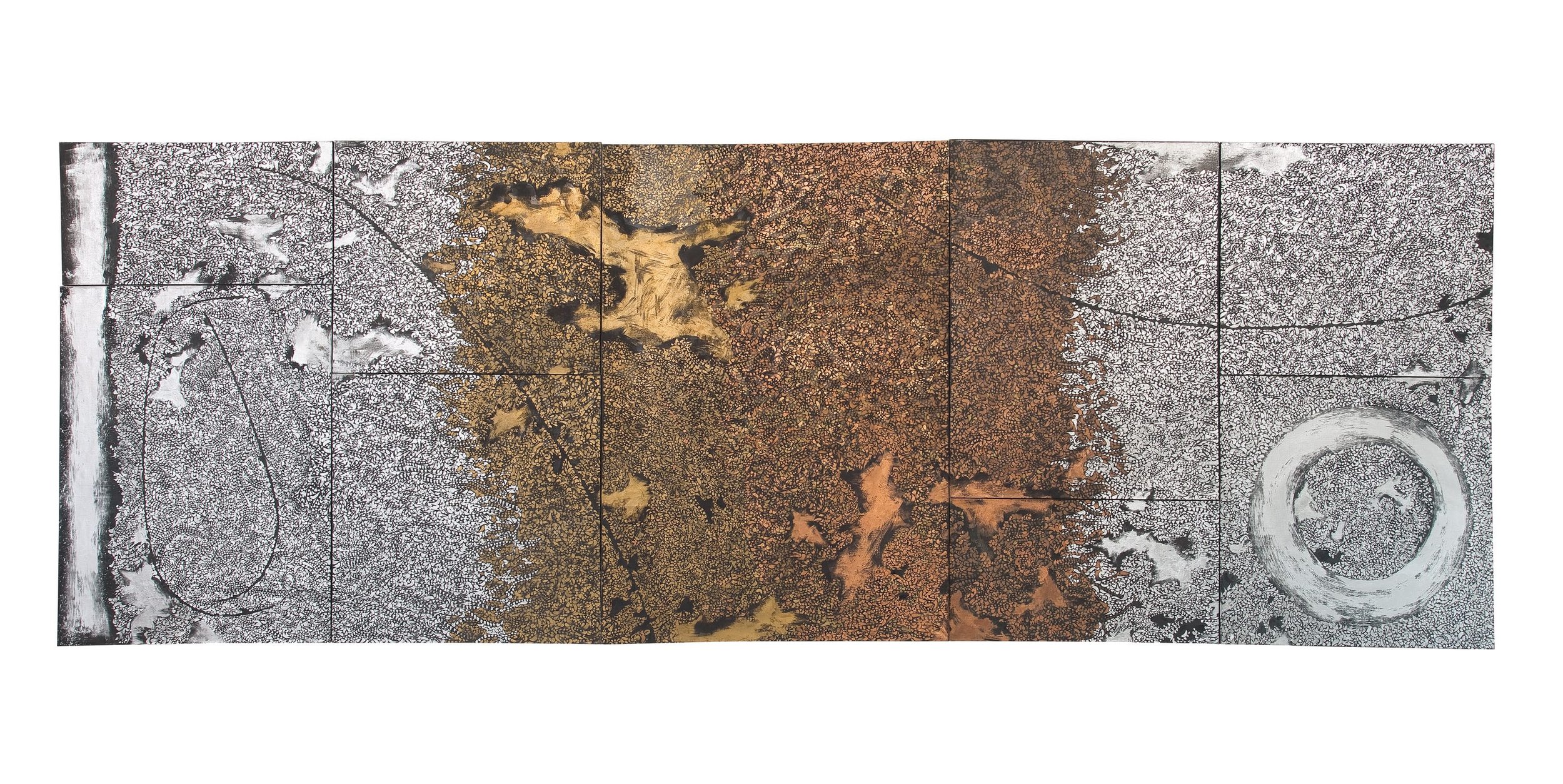  Orbit the Earth , 1963 . Oil and metallic paint on canvas, 84 × 238 1/2 in. (213.4 × 605.8 cm) 