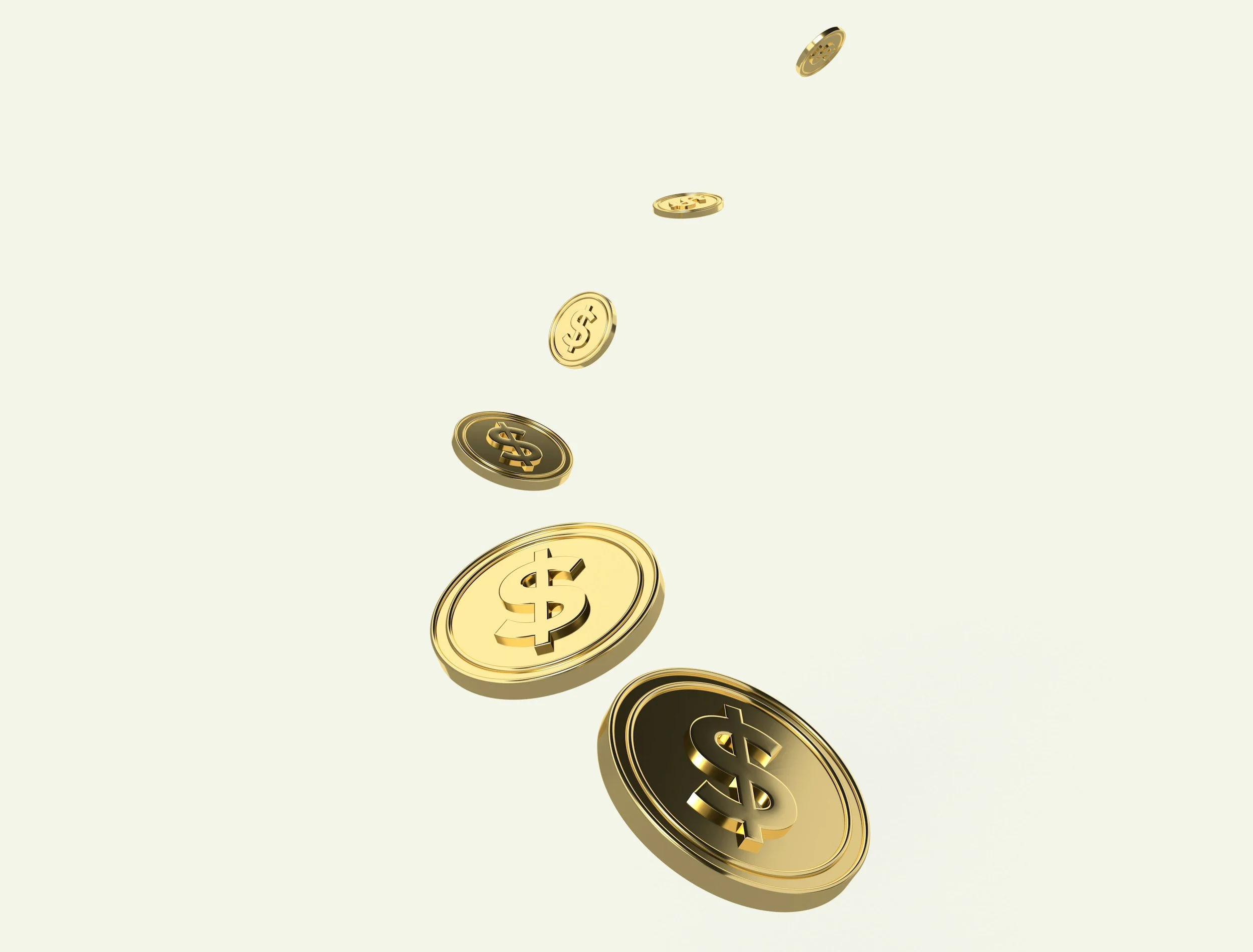 Gold coins with dollar signs falling against a plain light background.