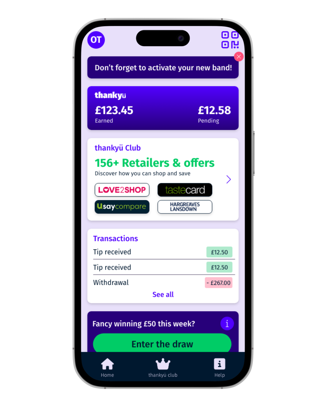Mobile phone screen displaying a thankyou rewards app with account balance, retailer offers, transaction details, and a draw entry button.