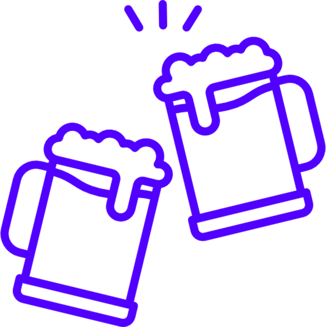 Neon outline of two beer mugs clinking together with foam on top