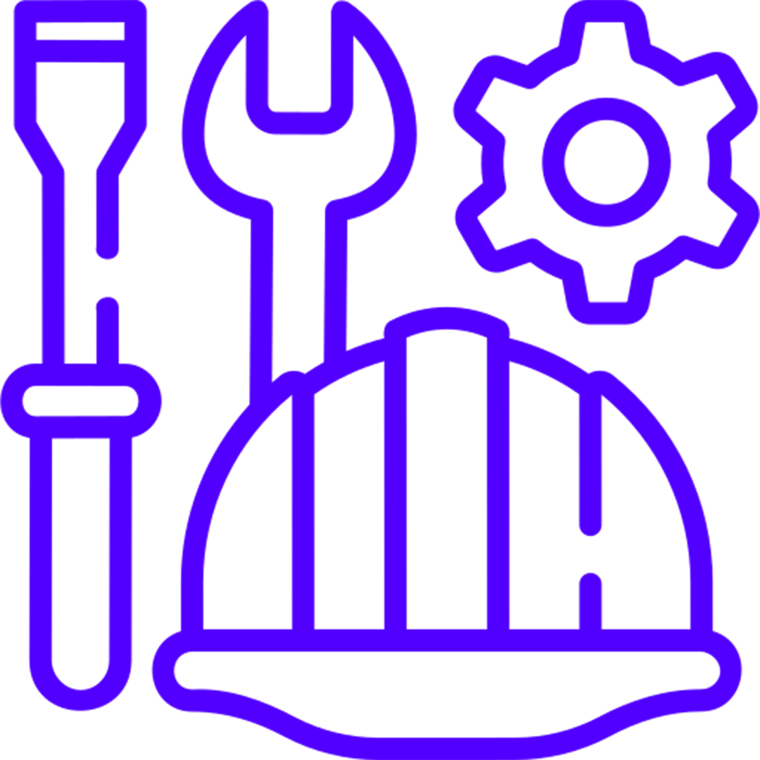 Line drawing of tools and a hard hat, including a screwdriver, wrench, gear, and helmet, in blue color.