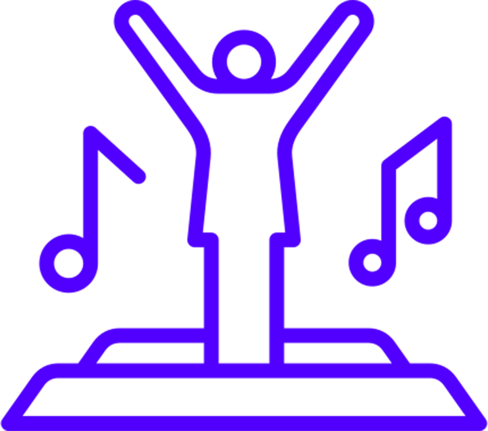 Blue neon outline of a person with arms raised, surrounded by musical notes