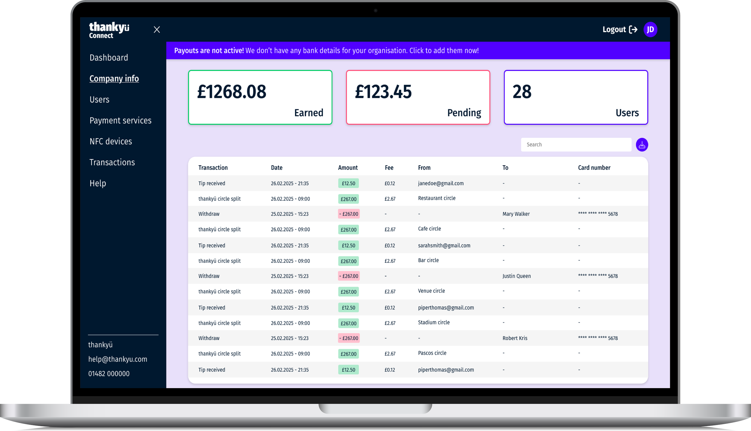 Laptop screen displaying an online payment dashboard with account balance, pending amount, and user information, featuring transaction details, dates, amounts, and customer emails