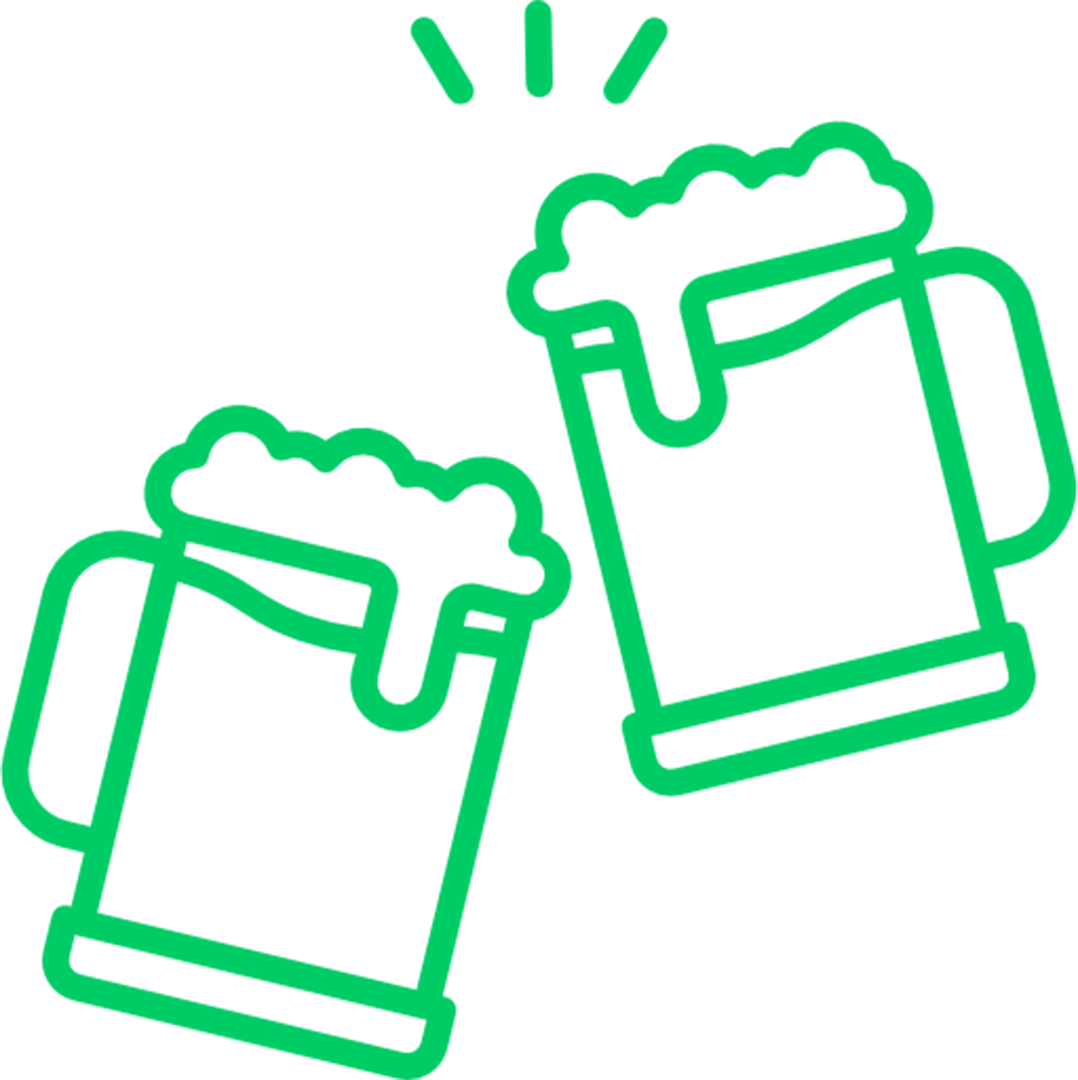 Two neon green beer mugs with foam at the top, clinking together, emitting three lines indicating a toast or celebration