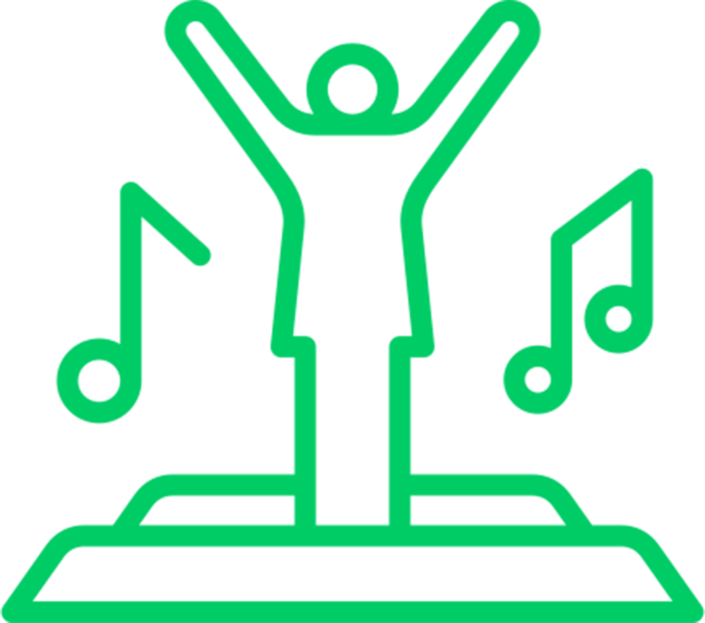 A line drawing of a person with arms raised, music notes surrounding them, representing enjoying music or dancing