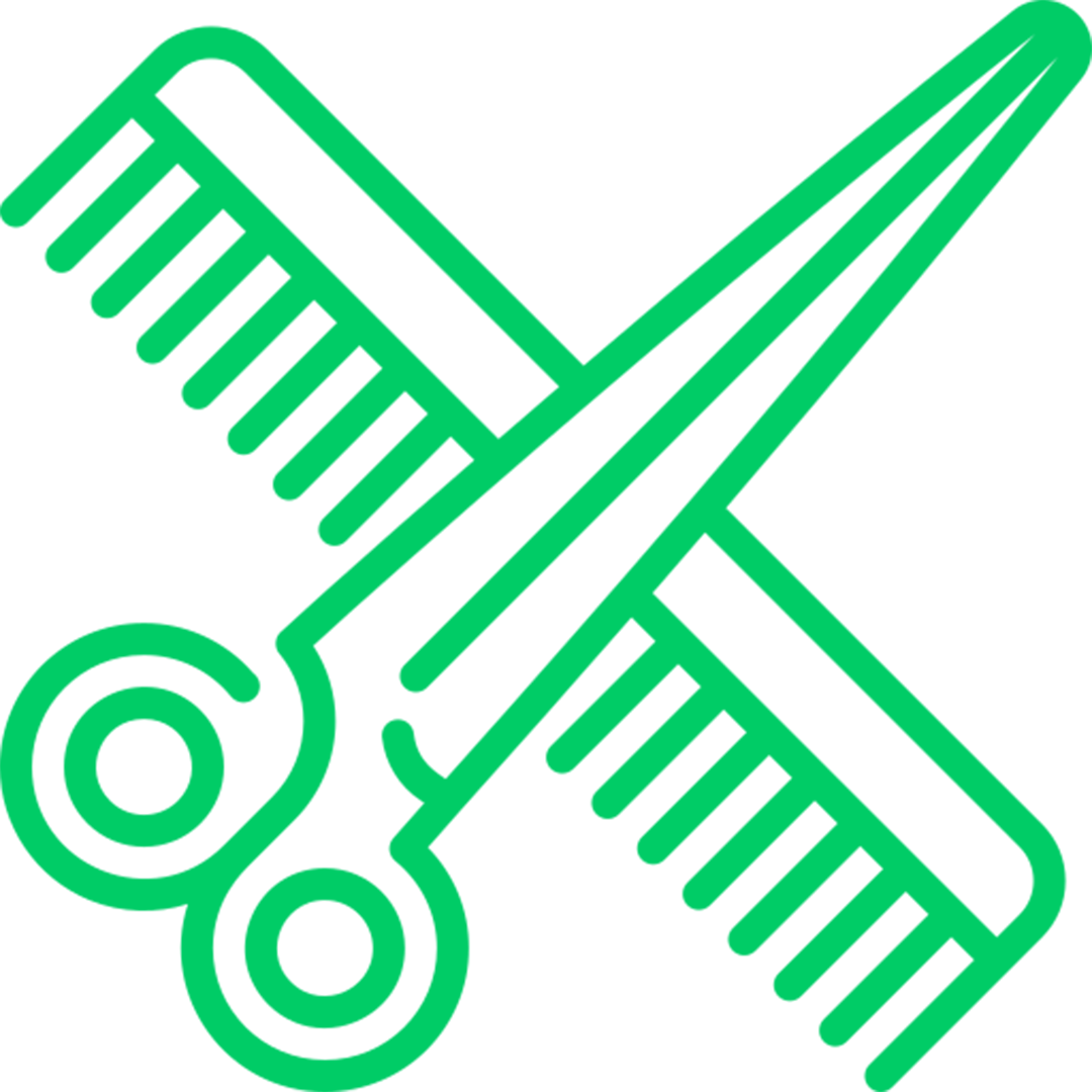 Line drawing of a pair of scissors and a comb crossed