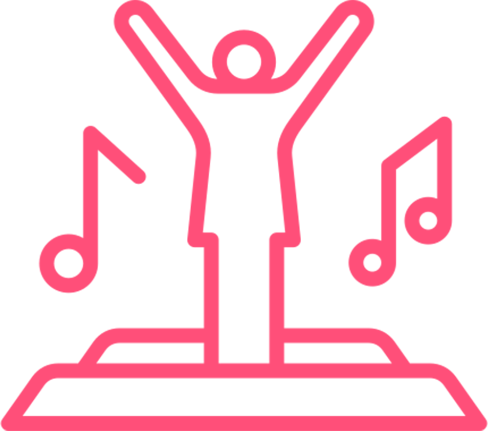 Outline of a dancing person with musical notes around it, pink on a black background