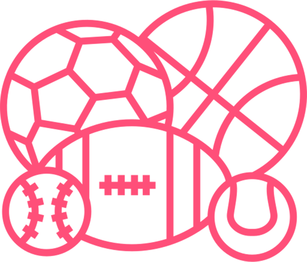 Line drawing of a collection of sports balls in pink outlines on a black background, including baseballs, soccer balls, a tennis ball, and a football