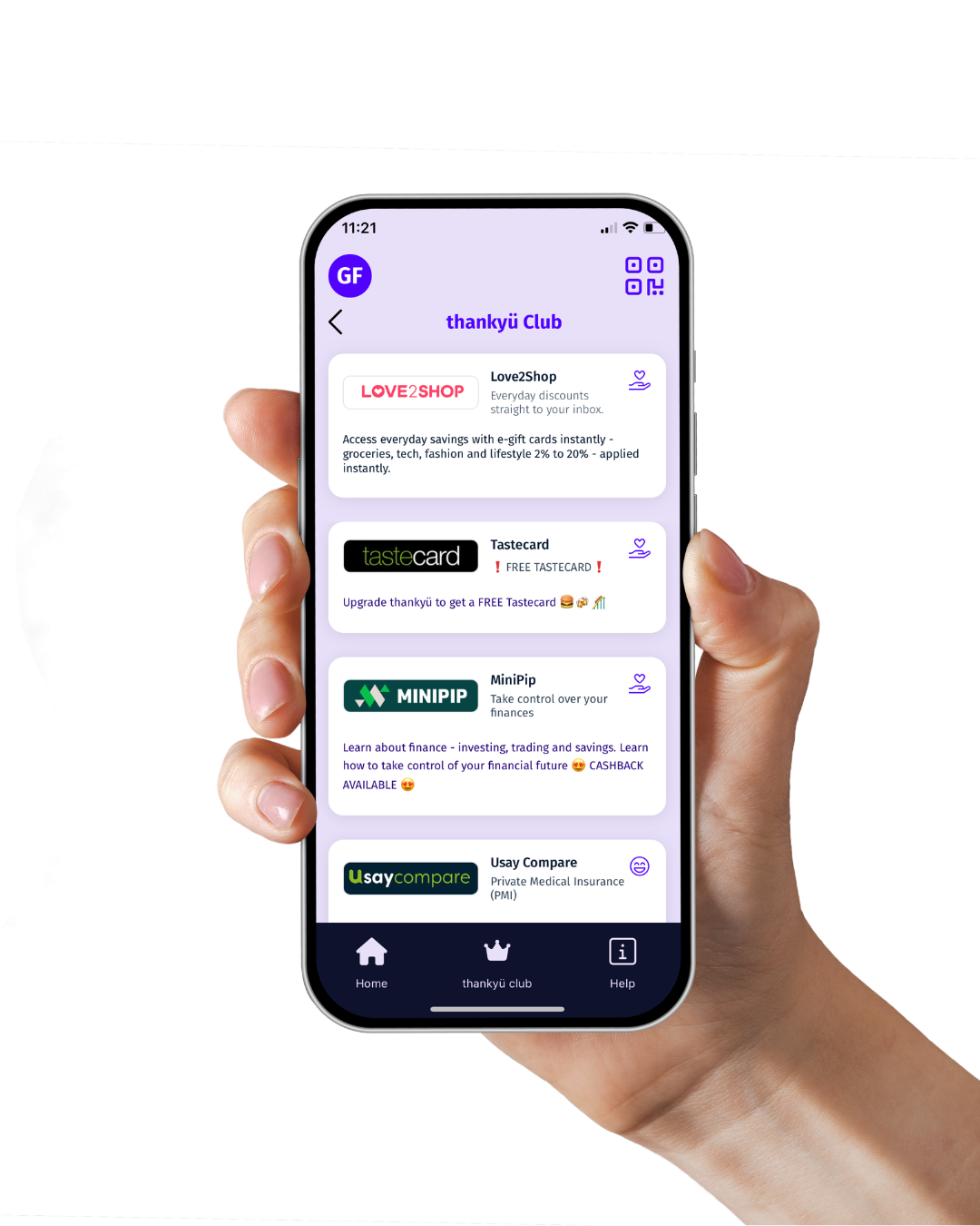 A person holding a smartphone displaying a messaging app with various promotional offers and deals from different brands.